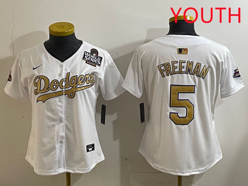 Youth Los Angeles Dodgers #5 Freeman White Champion gold character 2025 Nike MLB Jersey style 4124